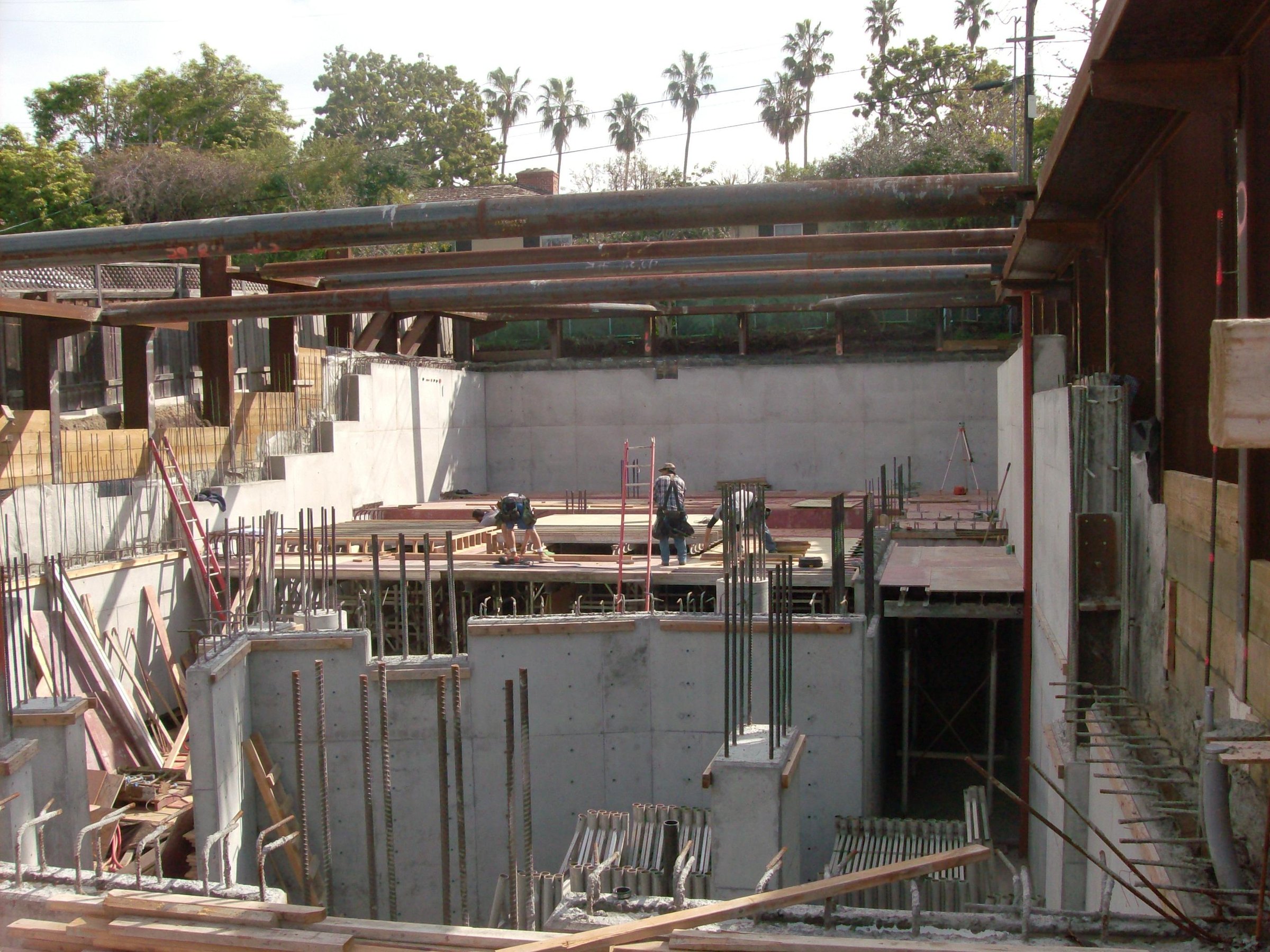 Steel reinforcement for a hillside foundation, caissons and grade beams before the pour