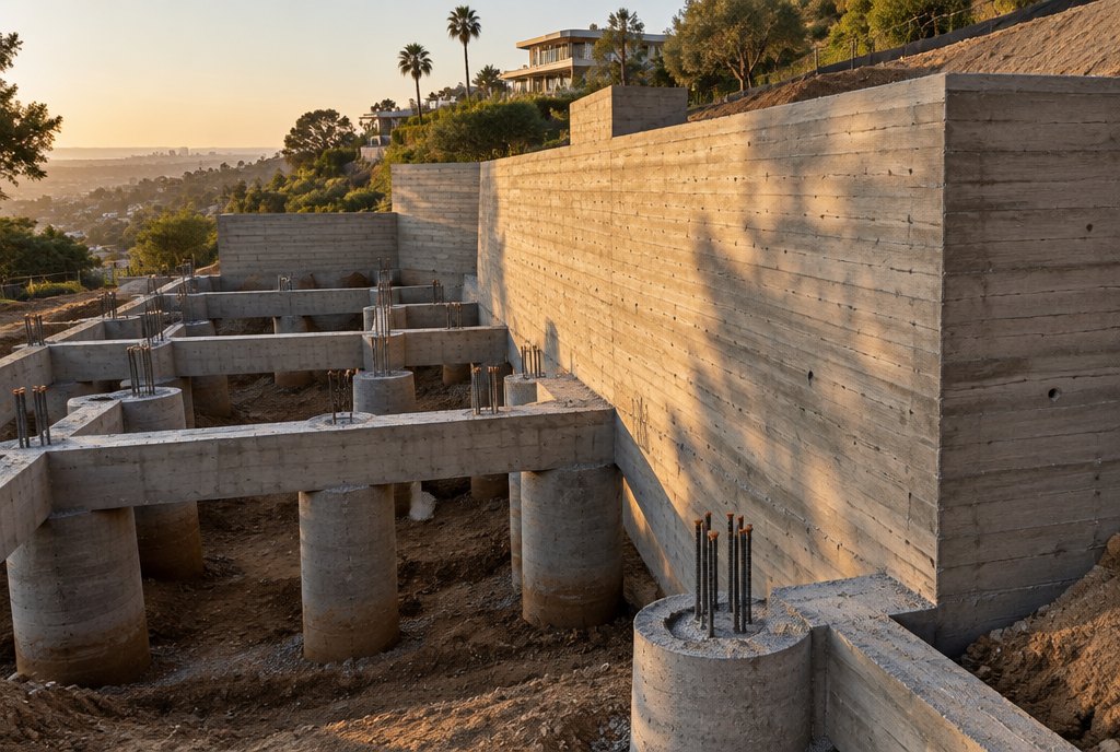 Board-formed concrete retaining wall and foundation
