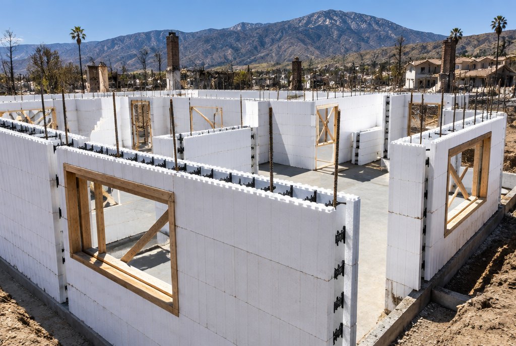 Insulated concrete form walls stacked and ready for pour