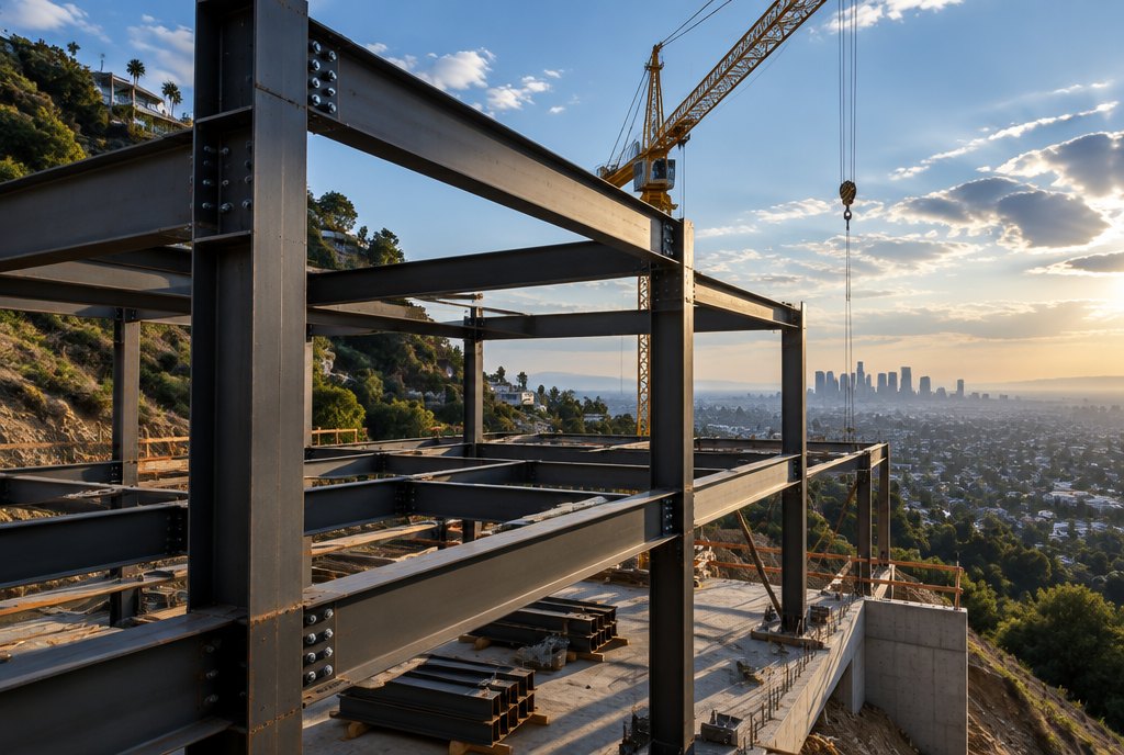 Structural steel moment frame on a hillside residence