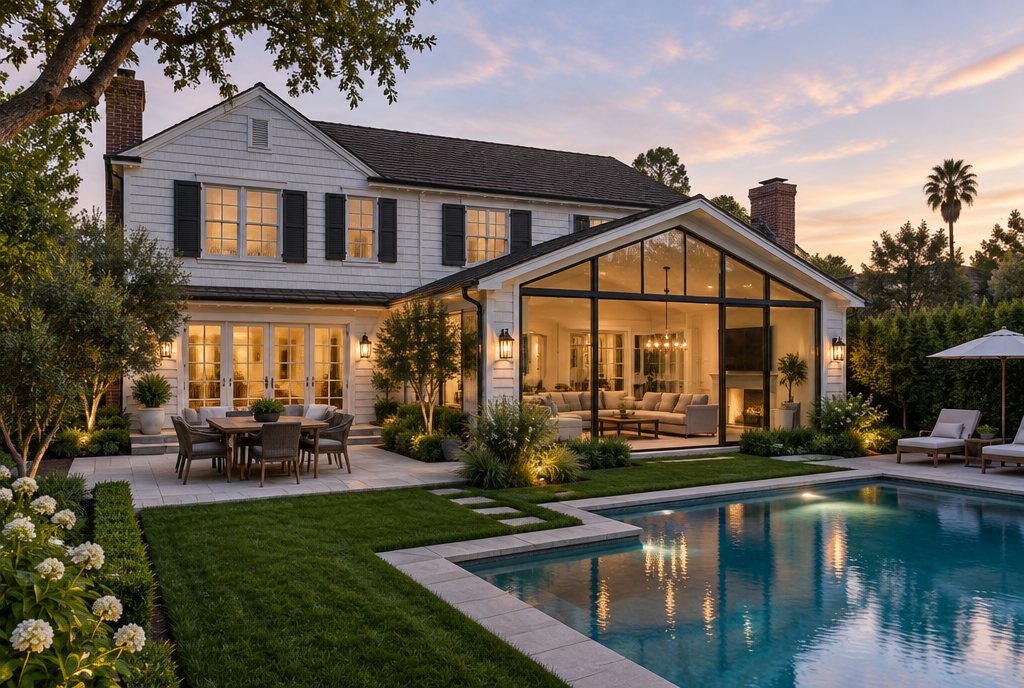 Traditional home at dusk with a new great-room addition opening to the pool
