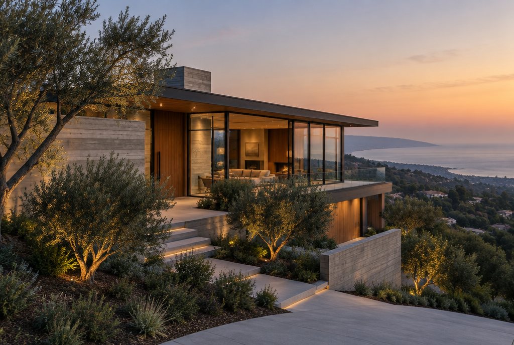 Glass and stone custom home at dusk on a Los Angeles hillside