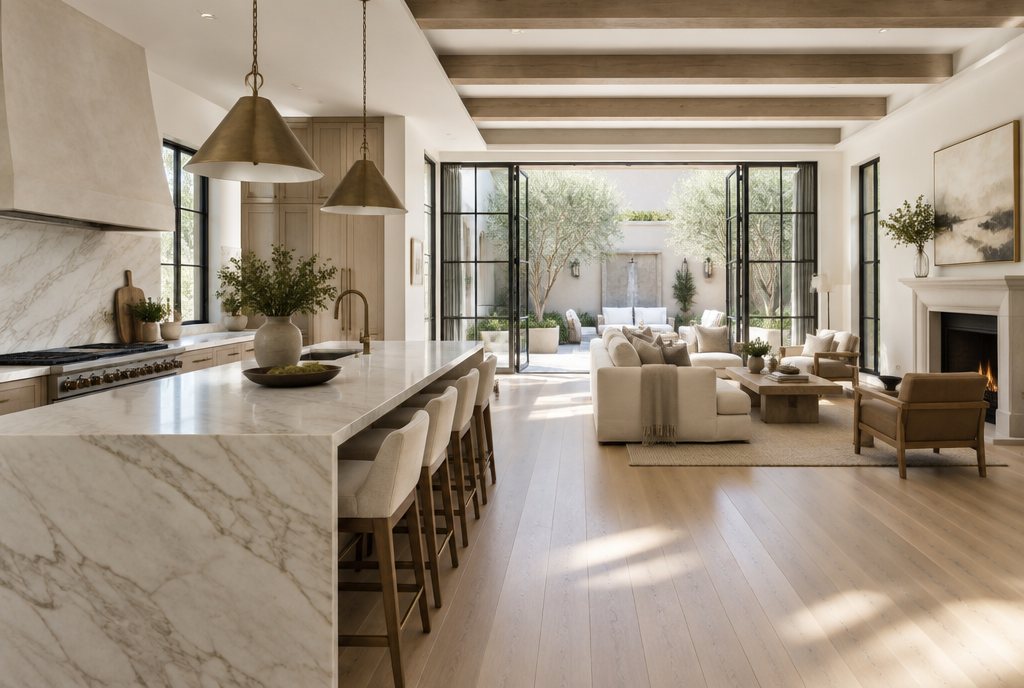 Opened-up kitchen and living space in a whole-house remodel