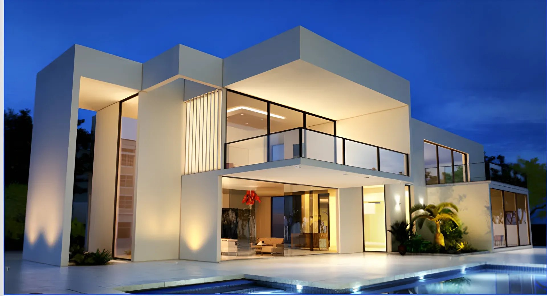 A modern Los Angeles custom home by Addition Building and Design, seen from the street at dusk