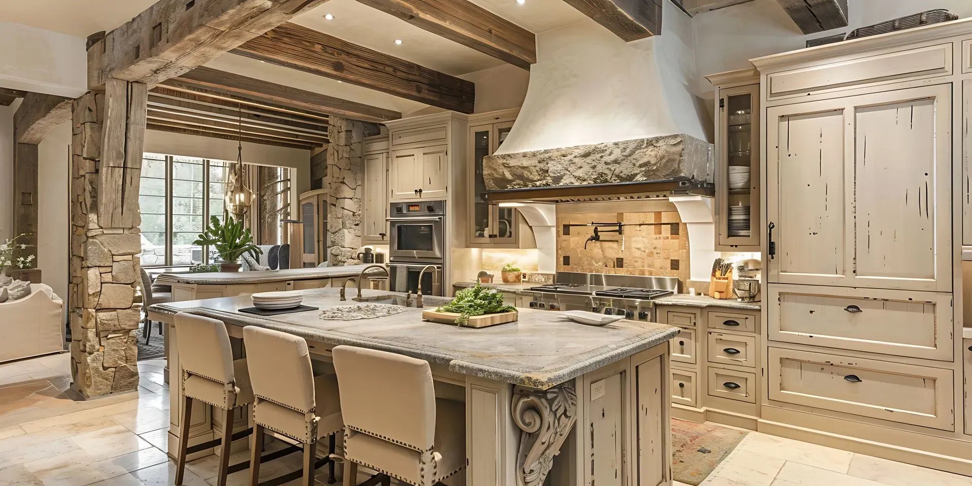 A traditional Malibu kitchen with a long island and painted cabinetry, part of an addition
